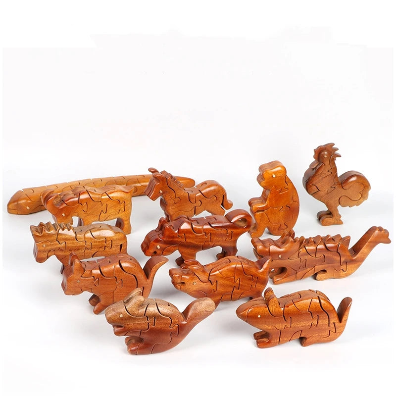 3D Wooden Stacking Animals Jigsaw Toys Montessori Puzzle Kong Ming Lock Lu Ban Lock IQ Brain Teaser Educational Decorative Gifts - UNIVEA