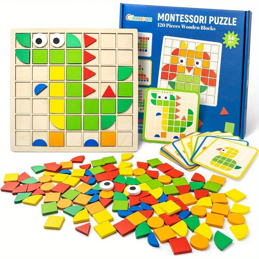 120Pcs Wooden Mosaic Puzzle Toy Montessori Kids Wooden 3D Geometric Shape Jigsaw Puzzle Board Set Baby Early Education Toys for