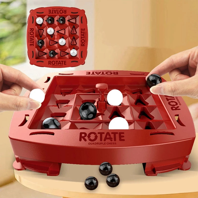 Two players moving black and white marbles on a red Rotate strategy board game