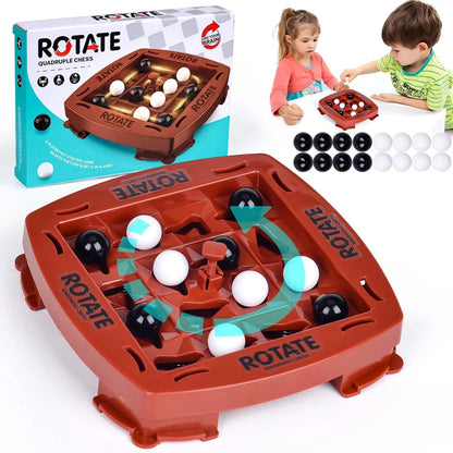 Rotate quadruple chess board game box with two kids playing and black and white marbles