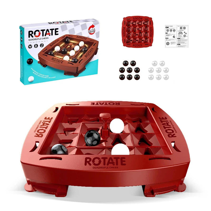 Set of black and white game marbles beside the red Rotate strategy board