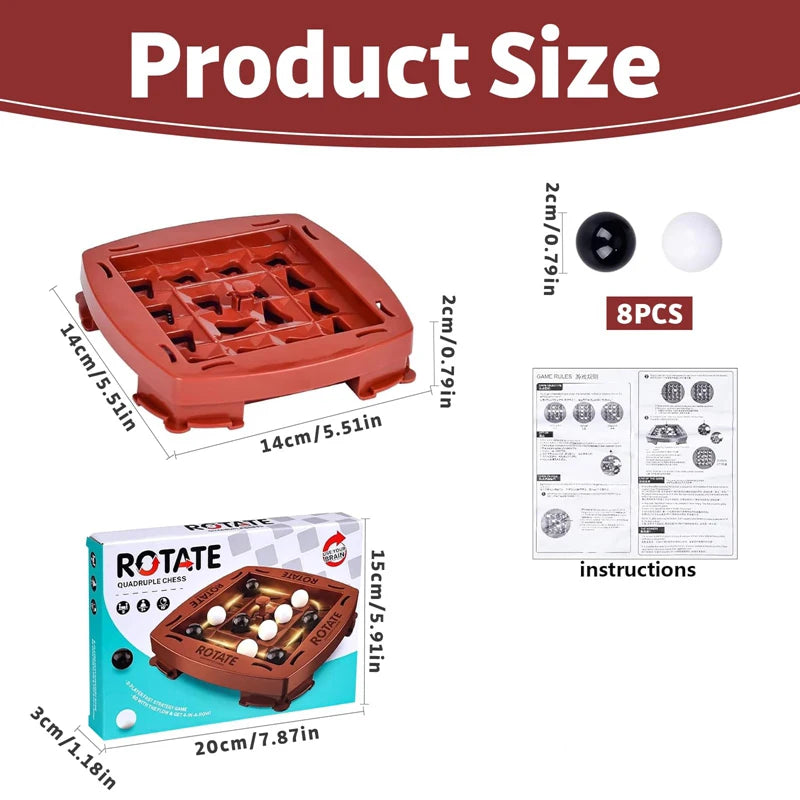 Rotate quadruple chess board game retail packaging showing the board and marbles