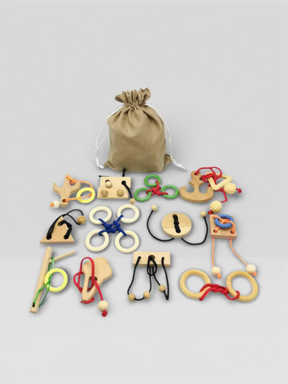 Set of 6/12PCS Magic Brain Teasers Puzzle Logic Wooden Rope Loop Rings Puzzles Game Toys Gift for Adults Kids - UNIVEA