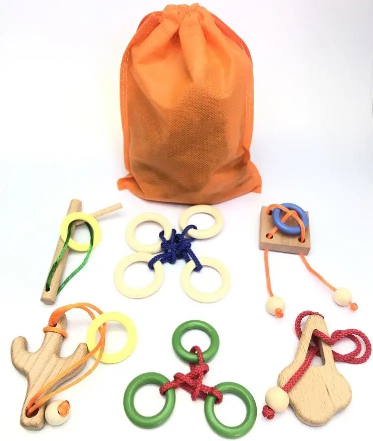 Set of 6/12PCS Magic Brain Teasers Puzzle Logic Wooden Rope Loop Rings Puzzles Game Toys Gift for Adults Kids - UNIVEA