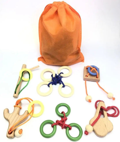 Set of 6/12PCS Magic Brain Teasers Puzzle Logic Wooden Rope Loop Rings Puzzles Game Toys Gift for Adults Kids - UNIVEA